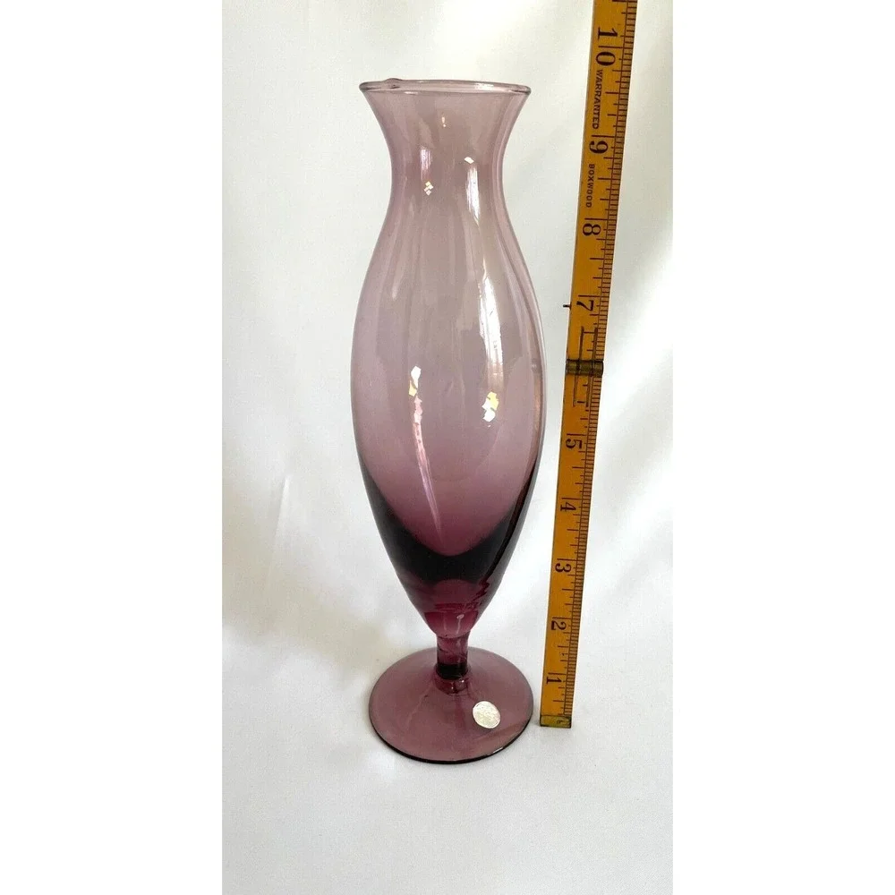 Italian Blown Art Glass Amethyst Purple Bud Vase Pedestal 9.5